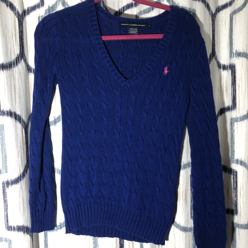 Like new blue Ralph Lauren V-neck cable sweater, size S